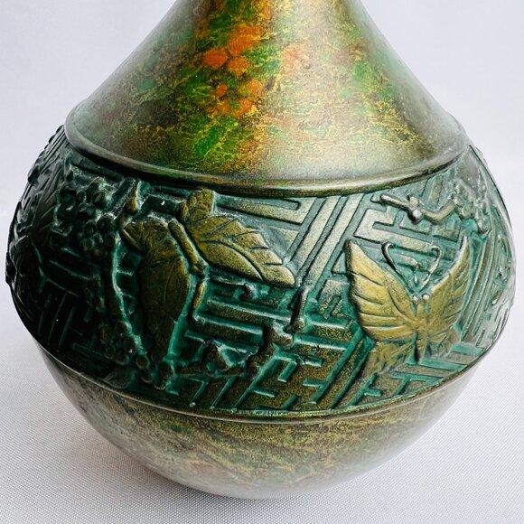 Japanese Vintage Ikebana Metal Flower Vases with Butterfly Floral Design Pair - Picture 3 of 13